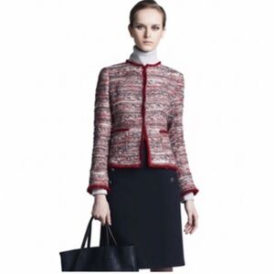 Carolina Herrera Red Tweed Collarless Jacket 
Size 2 EUC!